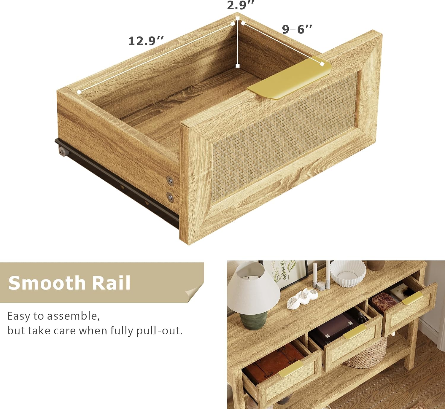 KIGOTY Console Table with Charging Station, Rattan Style Sofa Table Behind The Couch, Farmhouse Entryway Table with 3 Drawers for Hallway, Living Room (Light Yellow, Faux Rattan)