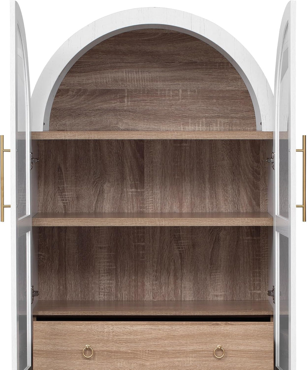 KLMM 71" Tall Arched Kitchen Pantry with Door Shelves,Storage Cabinets with Open & Adjustable Shelves,Hidden Drawer & Glass Door,for Kitchens Dining Room (White#Glass)