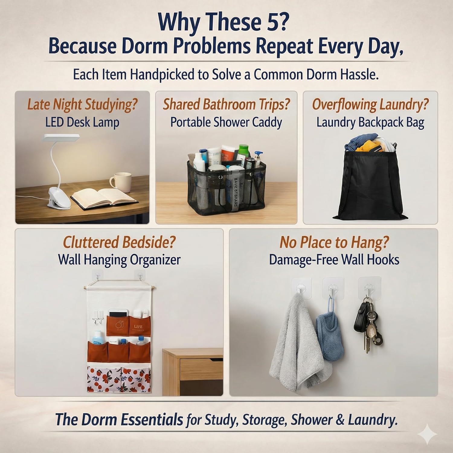 Dorm Room Essentials Set, 5-Piece College Dorm Essentials Kit for Girls & Guys, Laundry Backpack Hamper, Shower Caddy, Bedside Organizer, LED Light, Removable Wall Hooks
