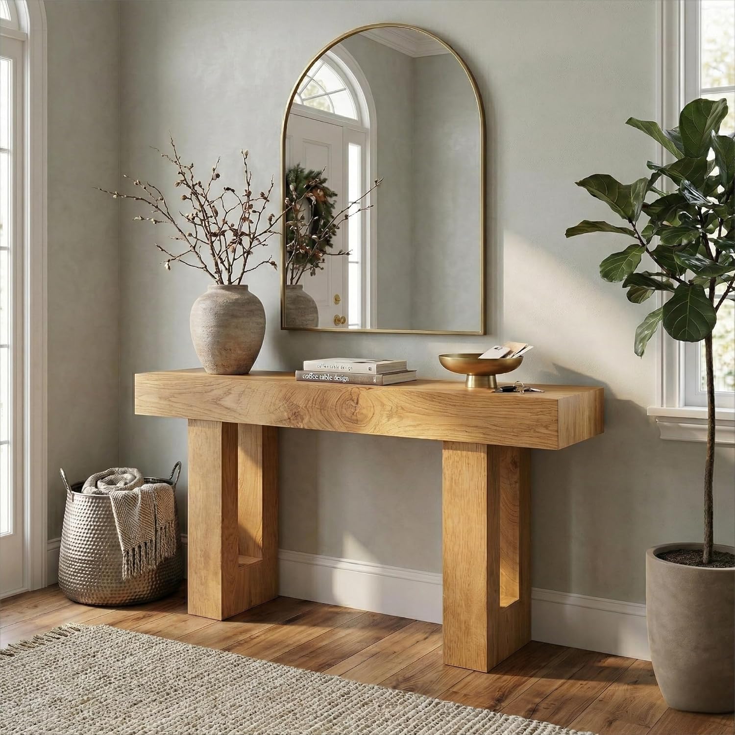 FURSUN 63" Farmhouse Console Table with Drawers, Narrow Sofa Table Behind Couch, Slim Entryway Table with Storage for Hallway, Living Room, Natural Oak