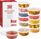 8 oz plastic containers with lids(48Set/96Pcs) BPA-Free Plastic Soup Containers with lids, Freezer Microwave Safe Small Cups for Portion Condiment Dipping Sauce, Salad Dressing