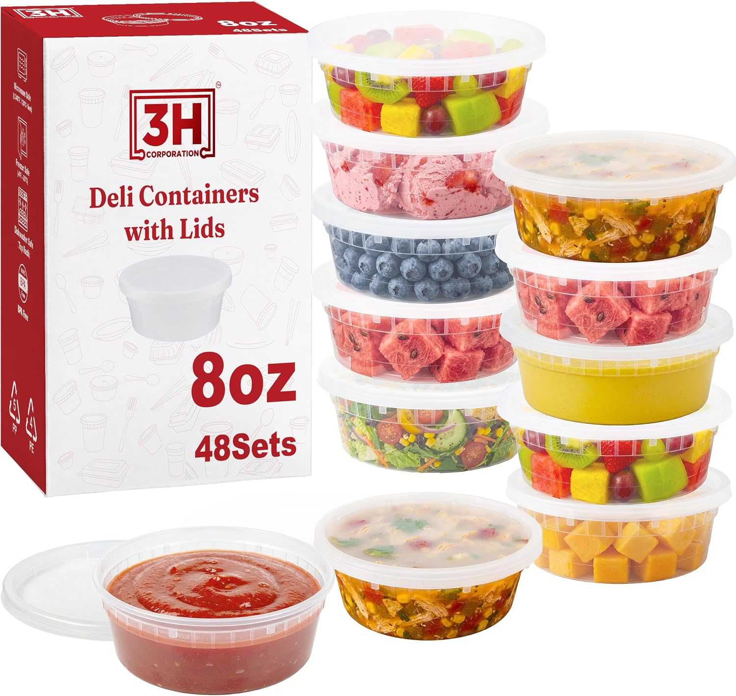 8 oz plastic containers with lids(48Set/96Pcs) BPA-Free Plastic Soup Containers with lids, Freezer Microwave Safe Small Cups for Portion Condiment Dipping Sauce, Salad Dressing
