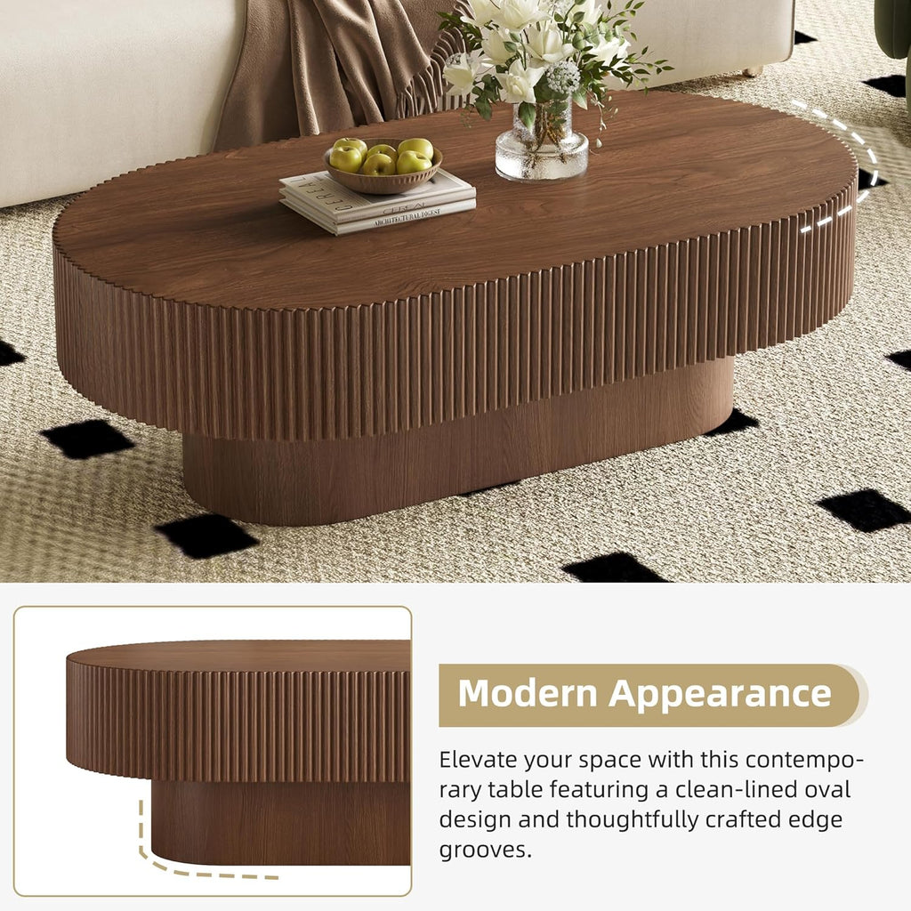 Merax Modern Oval Coffee Table with Sturdy Base, Wood Minimalist Fluted Center End Tables for Living Room Reception Room, Easy Assemble,Walnut