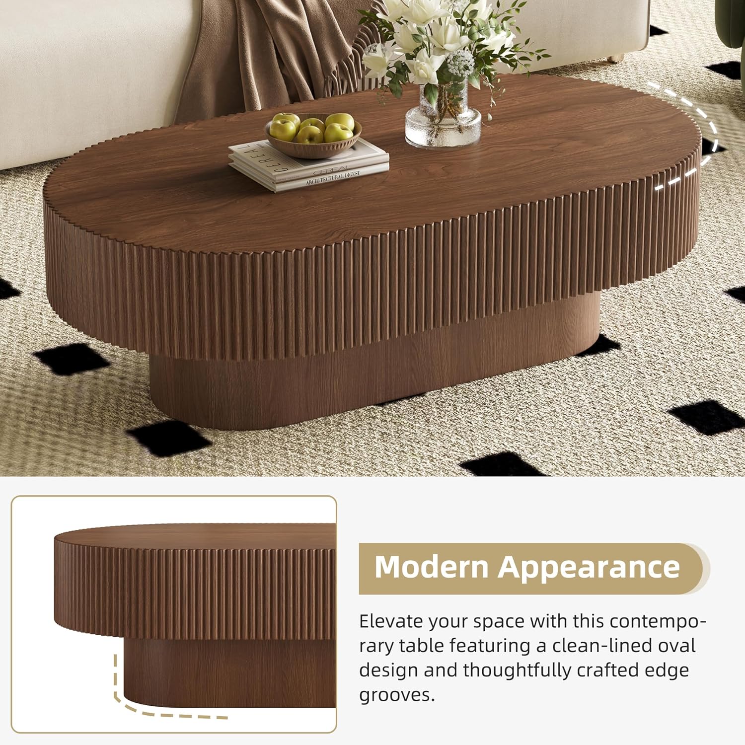 Merax Modern Oval Coffee Table with Sturdy Base, Wood Minimalist Fluted Center End Tables for Living Room Reception Room, Easy Assemble,Walnut