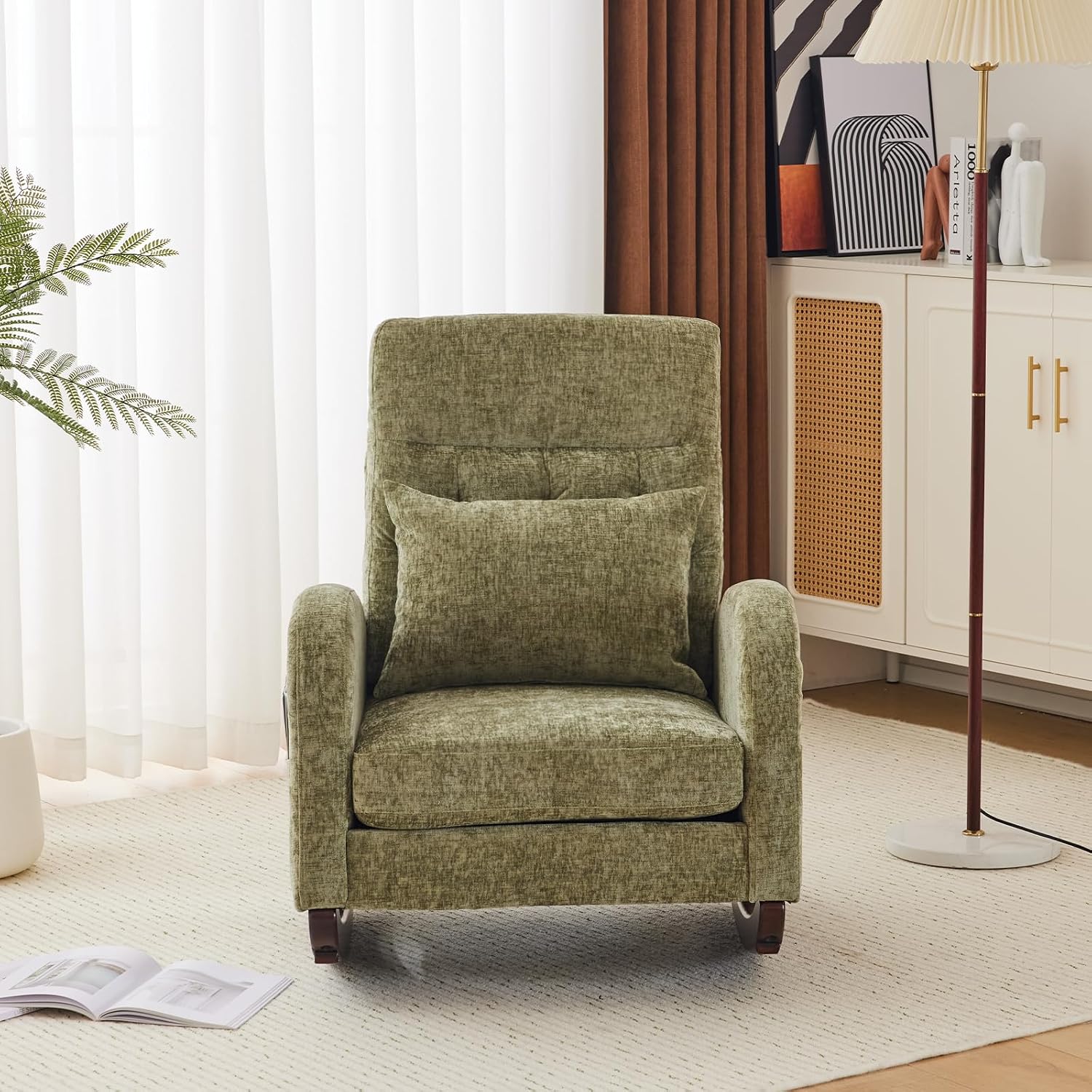 VINGLI Chenille Low Seat Rocking Chair,Upholstered Nursery Glider Chair with Side Pockets,Accent Arm Chair with High Backrest,Comfy Head Rest,Solid Wood,for Living Room Bedroom Balcony,Olive Green