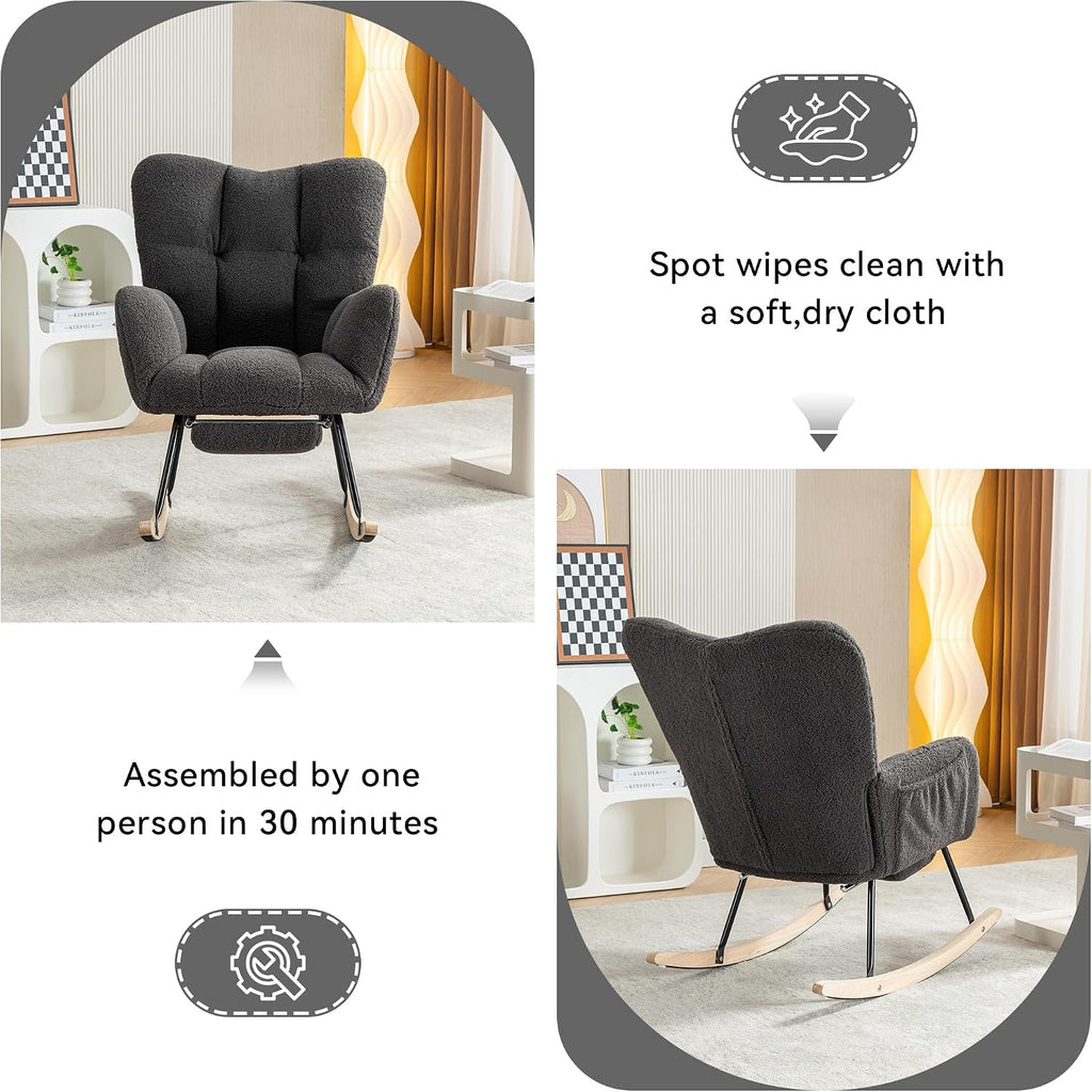 Modern Teddy Fabric Leisure Rocking Chair with Adjustable Footstool, High Backrest, Storage Pocket On The Right Side, Nursery Rocking Chair for Living Room, Bedroom, Nursing Room, Gray