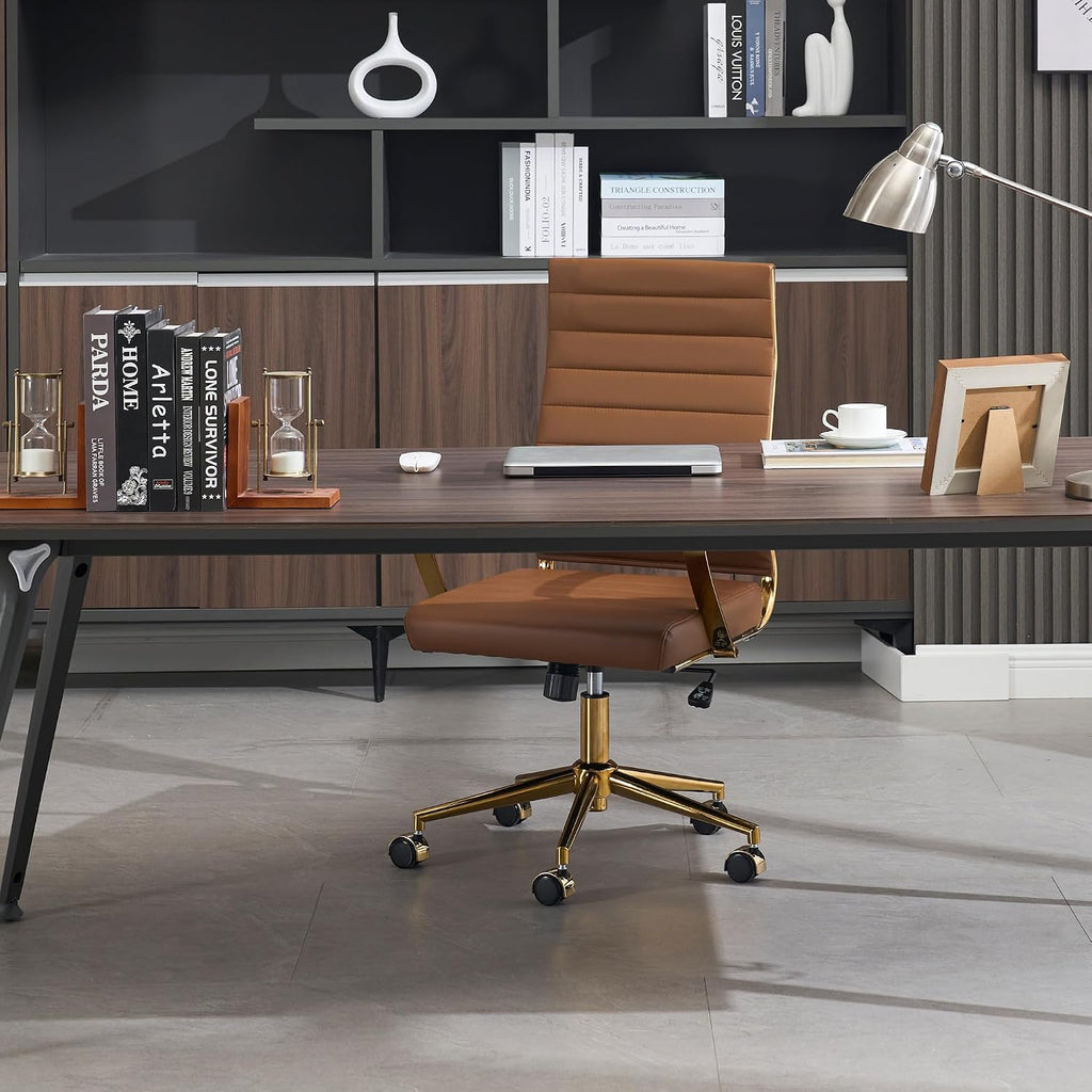Okeysen Gold Office Desk Chair, Ergonomic Leather Modern Conference Room Chairs, Executive Ribbed Height Adjustable Swivel Rolling Golden Chair for Home Office.