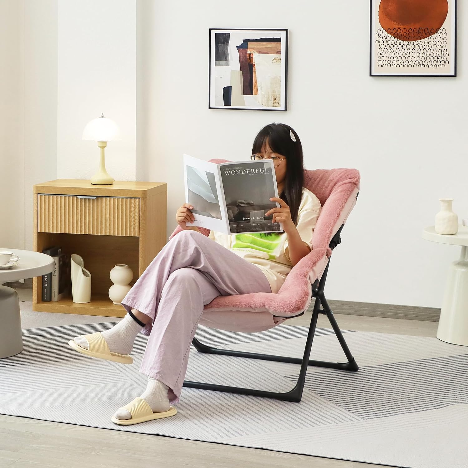 Comfy Saucer Chair for Adults, Soft Faux Fur Bedroom Chair, Accent Dorm Chairs, Flexible Living Room Reading Chairs, Oversized Folding Seat for Teens, X-Large, Dusky Pink