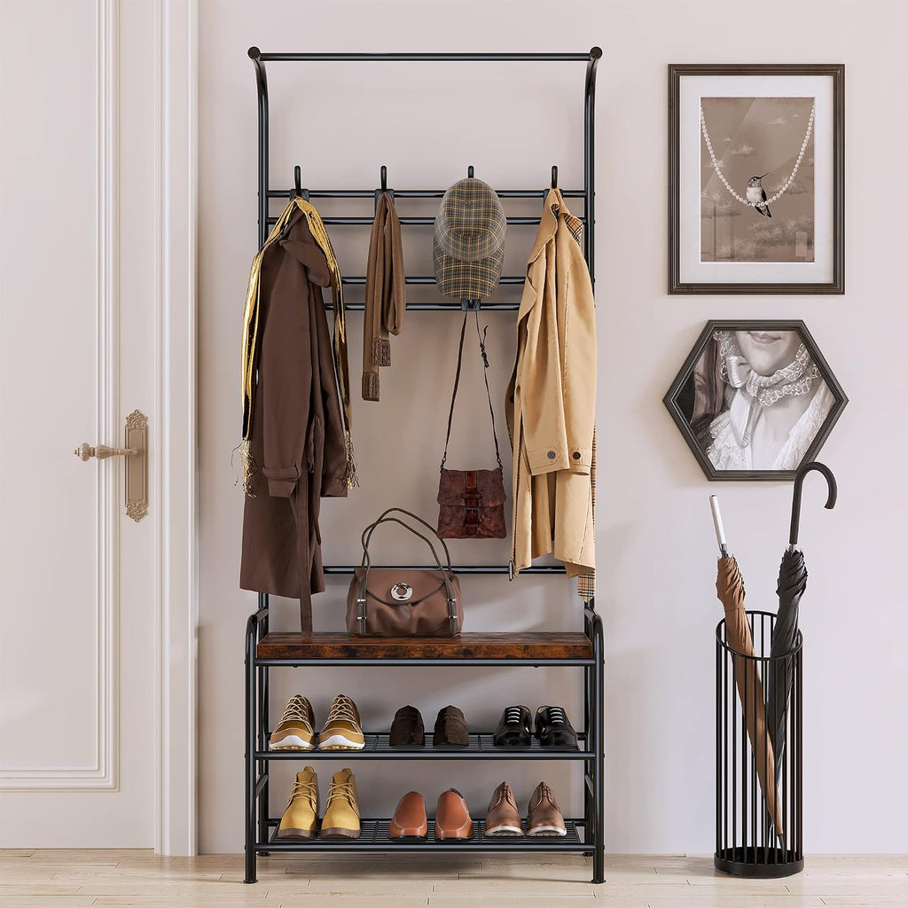 Alkmaar Entryway Bench with Coat Rack, Retro Brown, Made of Engineered Wood, 23.5" L x 11.8" W x 70.7" H