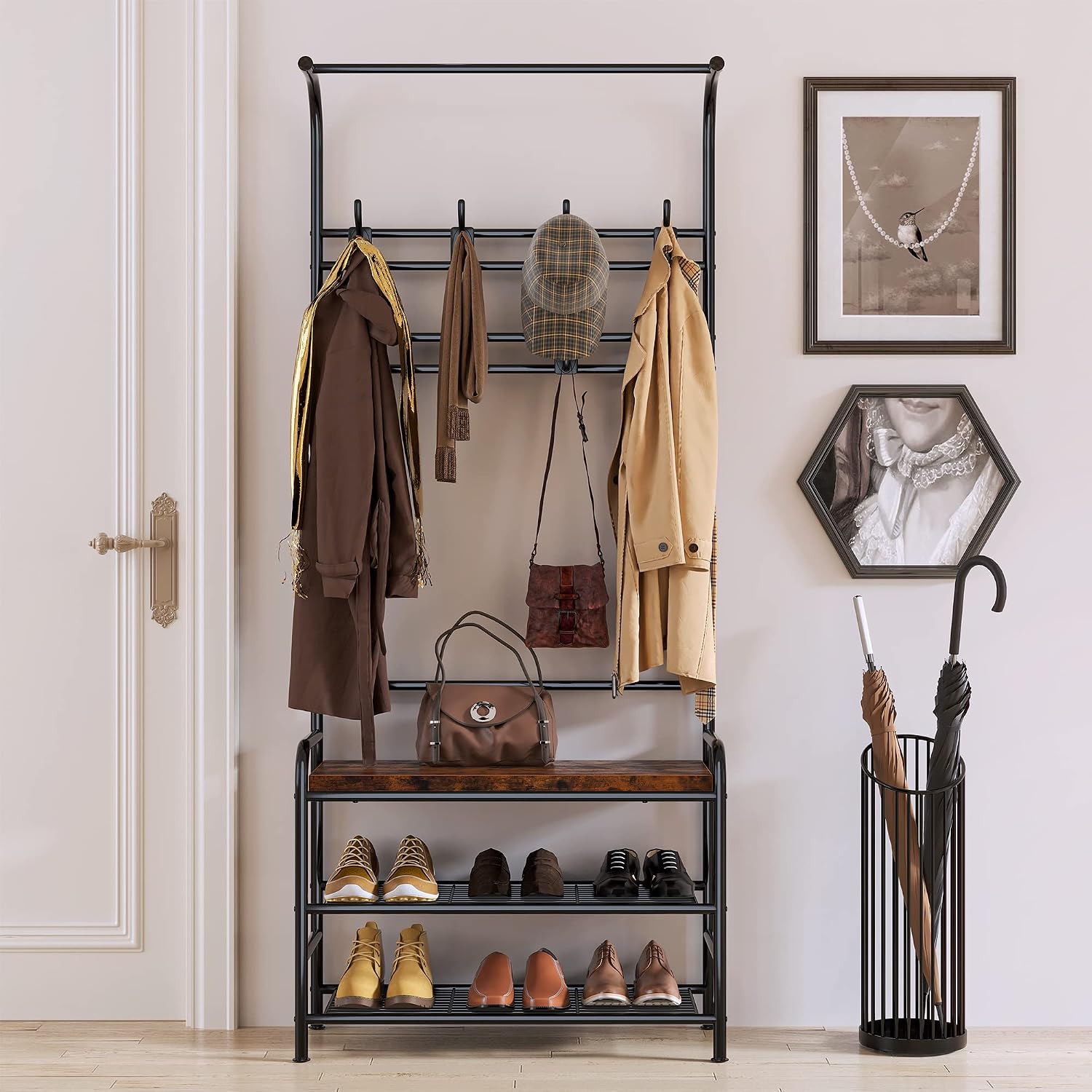 Alkmaar Entryway Bench with Coat Rack, Retro Brown, Made of Engineered Wood, 23.5" L x 11.8" W x 70.7" H