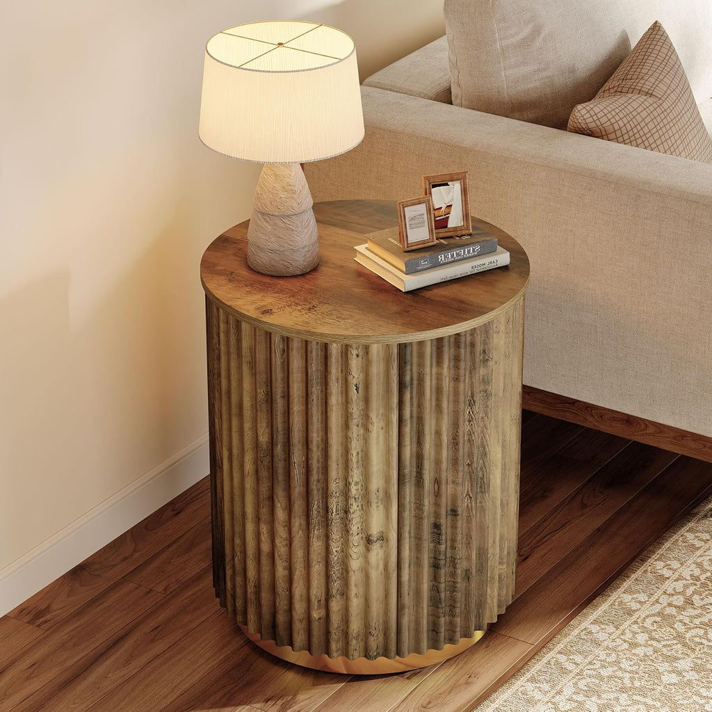 Tribesigns Fluted Round Side Table, Small Bedside Table for Sofa, Wooden Nightstand for Small Spaces, Living Room, Bedroom (1, Rustic Brown)