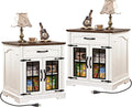 Farmhouse End Table Set of 2 with Charging Station,24'' Side Table with Drawer and Door for Living Room,Rustic Wooden Square Nightstand for Bedroom,Bedside Table with Storage for Home, Off White