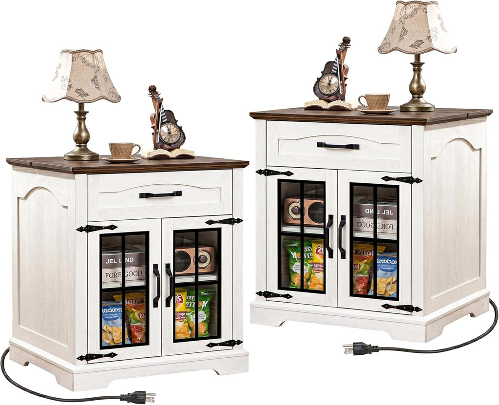 Farmhouse End Table Set of 2 with Charging Station,24'' Side Table with Drawer and Door for Living Room,Rustic Wooden Square Nightstand for Bedroom,Bedside Table with Storage for Home, Off White