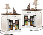 Farmhouse End Table Set of 2 with Charging Station,24'' Side Table with Drawer and Door for Living Room,Rustic Wooden Square Nightstand for Bedroom,Bedside Table with Storage for Home, Off White