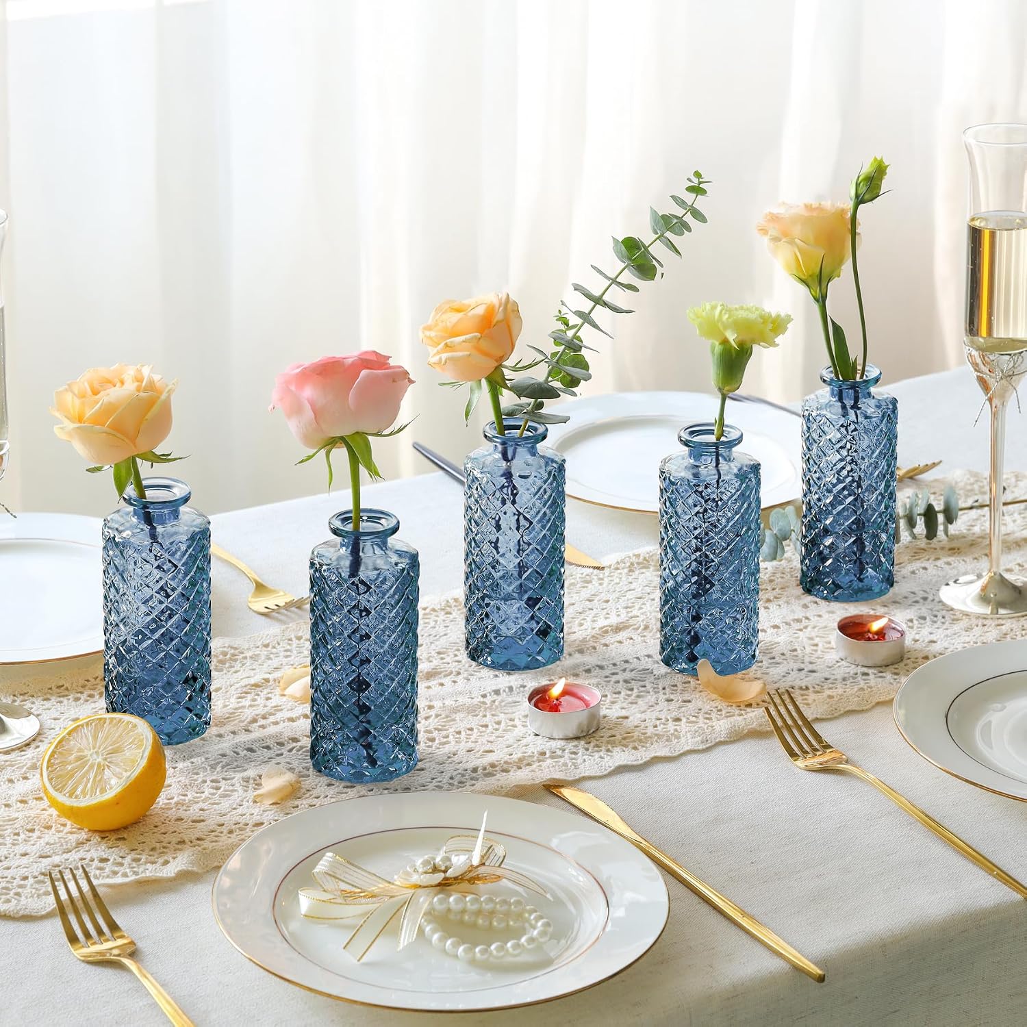 ComSaf Glass Bud Vases Set of 12, Small Diamond Bud Vases in Bulk, Mini Flowers Vases for Centerpieces, Vintage Decor Centerpiece for Table, Wedding Recepetion, Home, Housewarming Gift (Grey Blue)