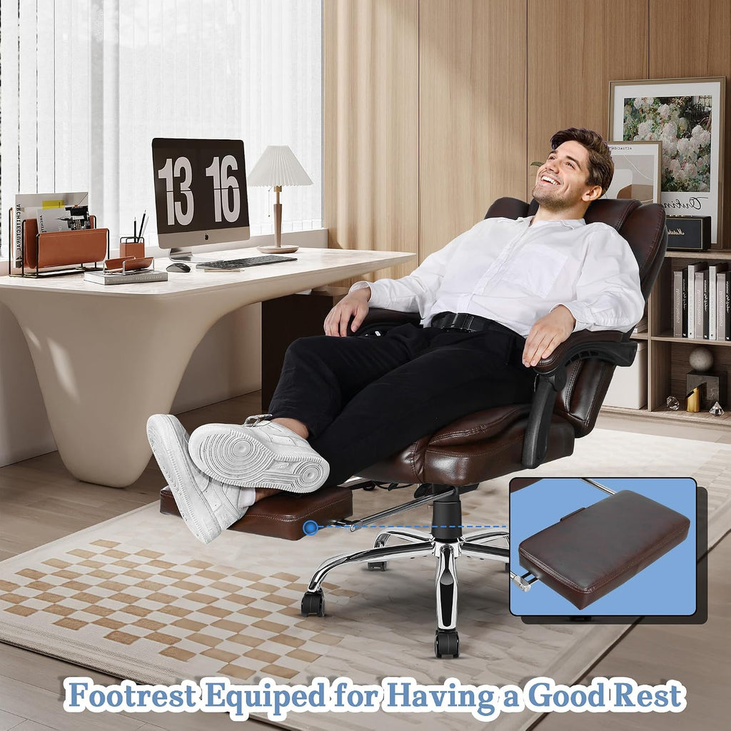NOBLEMOOD 6-Point Massage Office Chair, Big and Tall Executive Office Desk Chair with Heating Function, PU Leather Ergonomic Office Chair with Footrest, Adjustable Height & Reclining Backrest