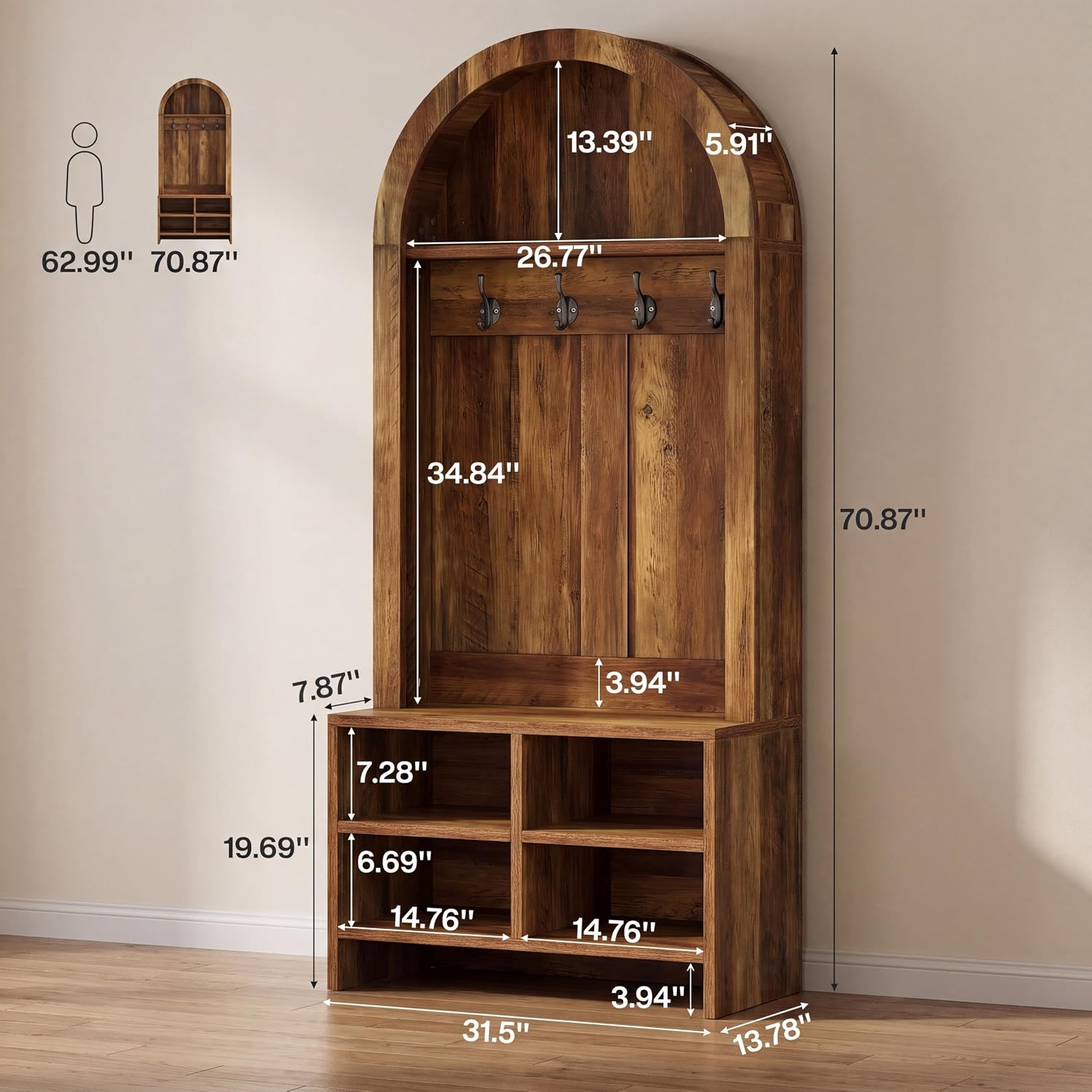 Tribesigns 70.8" Arched Coat Rack, 4-in-1 Hall Tree with Bench and Shoe Storage, Freestanding Coat Tree Rack with 4 Hooks & Adjustable Cubbies, for Mudroom, Entryway, Bedroom, Rustic Brown