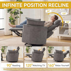 Manual Rocking Chair Nursery, 360° Swivel Recliner Chair with Side Pocket, Glider Reclining Chair for Adults Small Space, Barrel Recliners with 2 Pillows for Living Room, Chenille Light Grey