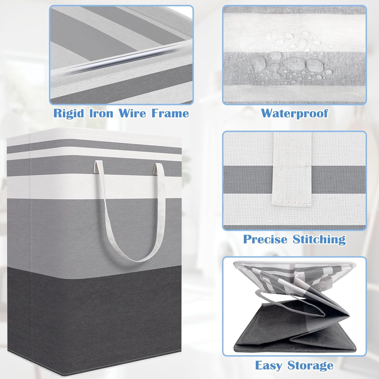BlissTotes 3-Pack Laundry Basket, Freestanding＆Waterproof Laundry Hamper, Collapsible Tall Clothes Hamper with Easy Carry Handles for Clothes, Towels in the Family and Dorm,Gradient Grey,75L