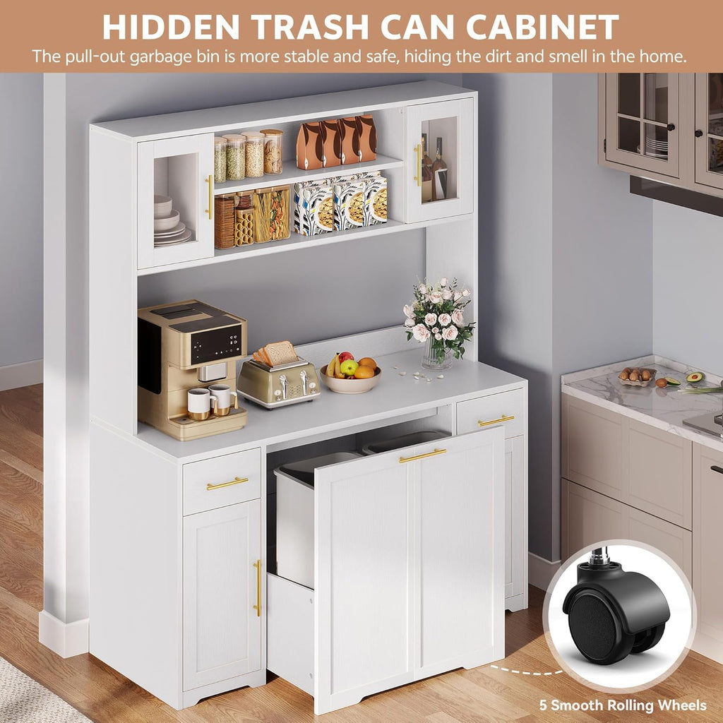 Hutch Cabinet with Storage, 65" Tall Kitchen Pantry with Power Outlet, Double Pull Out Trash Can Cabinet, Kitchen Hutch with Countertop and Drawers, Modern Pantries for Home, White