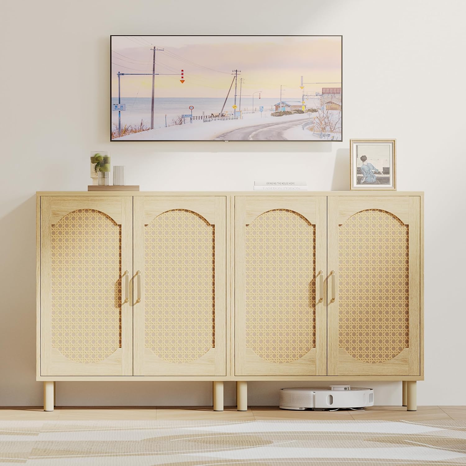 Sideboard Buffet Cabinet with Storage, Small Rattan Entryway Credenza | Modern Console Cabinet with Doors & Adjustable Shelf, Wood Buffet for Kitchen, Dining Room, Living Room, Light Oak