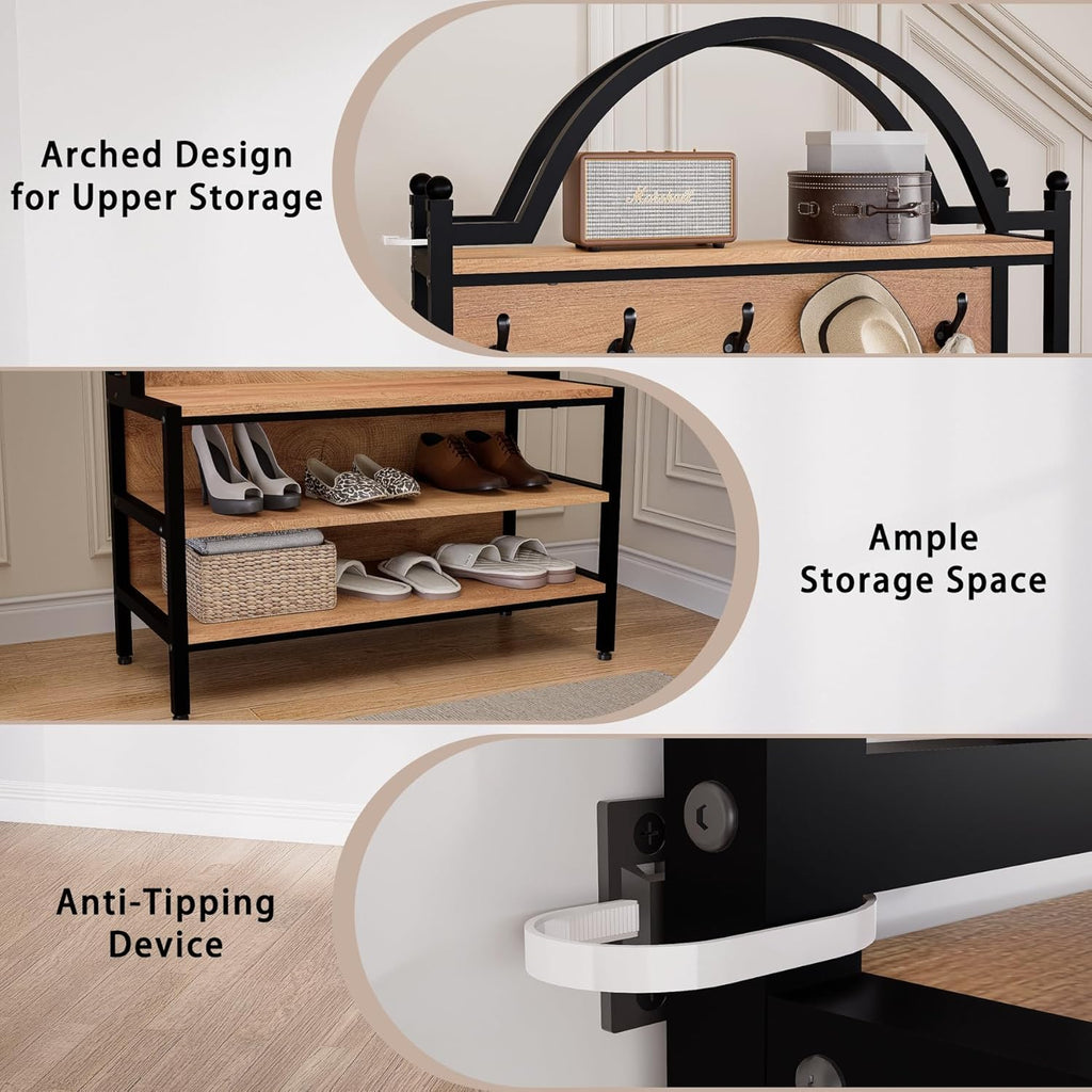 76.8" Hall Tree with Bench and Shoe Storage, 6-in-1 Entryway Coat Rack with 5 Hooks, Arched Hall Tree for Entryway, Mudroom or Foyer, Metal Frame Shoe Organizer with Open Bottom Shelf, Natural