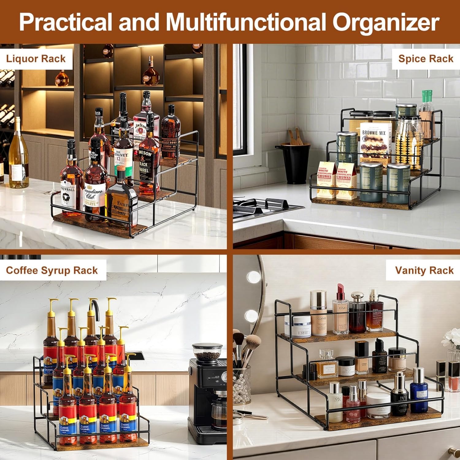Nuovoware 3-Tier 12 Bottles Coffee Syrup Organizer, Separable Metal Rack with Wooden Base Whiskey Wine Dressing for Bar Countertop Kitchen