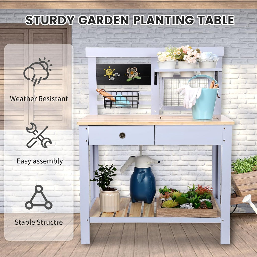 Potting Bench Outdoor Potting Table—Outdoor Kitchen for Kids, Solid Wood Garden Work Station with Sink、Drawer、Hooks、3Flower Pots, Weather Proof