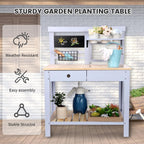 Potting Bench Outdoor Potting Table—Outdoor Kitchen for Kids, Solid Wood Garden Work Station with Sink、Drawer、Hooks、3Flower Pots, Weather Proof