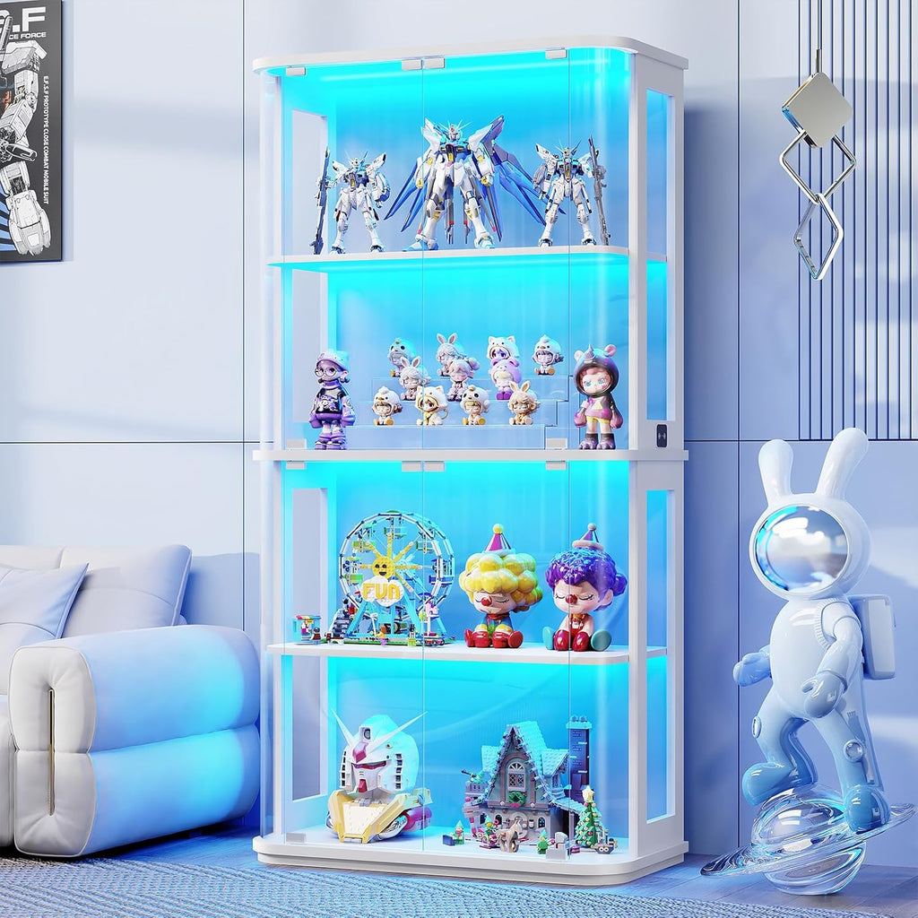 BROTTAR Rounded Display Cabinet with Glass Door, 4-Tier Curio Cabinet with Transparent Full-Display Surface, Glass Display Case with 3 Color Lights for Collectibles, Human Body Sensor, White