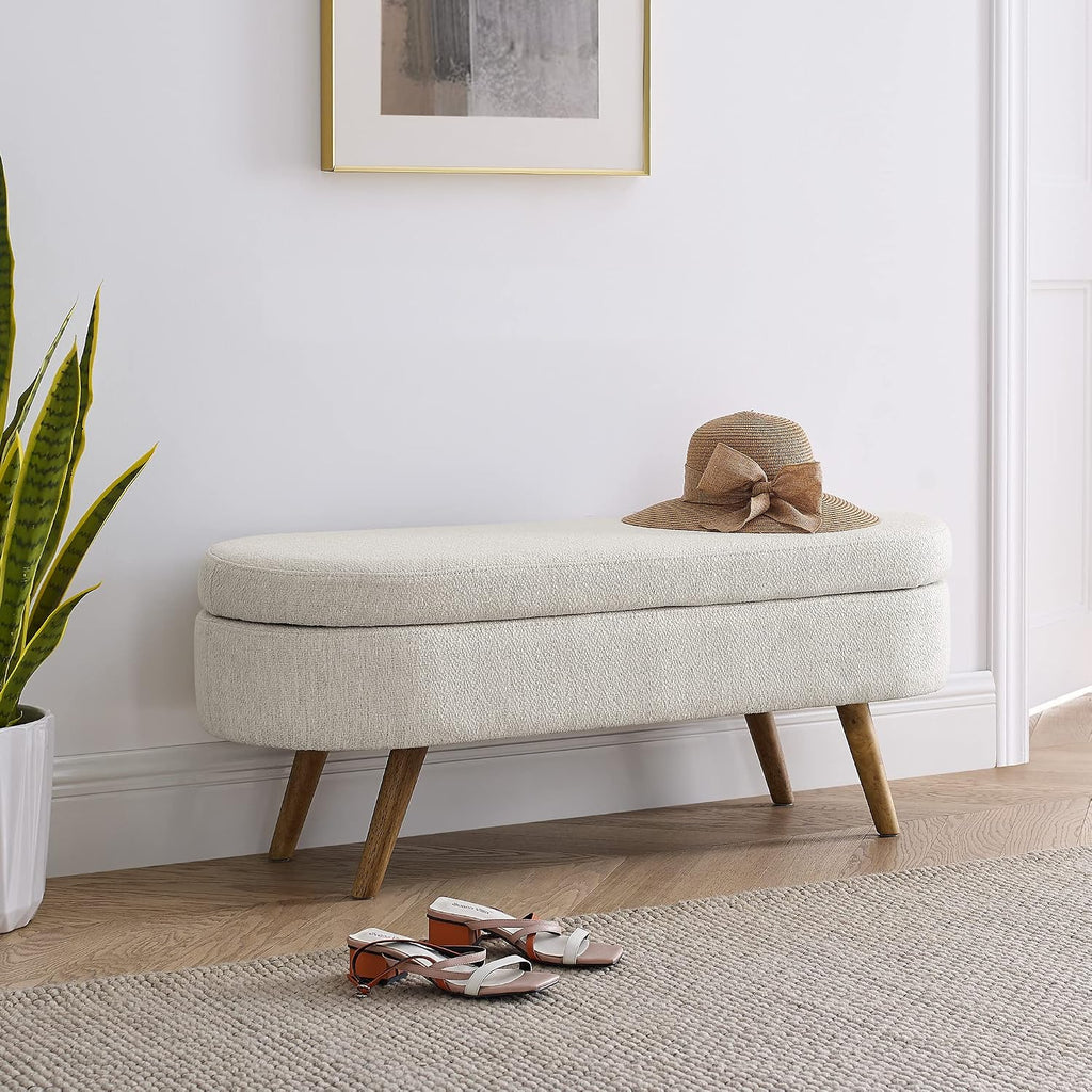 Mid-Century Modern Storage Ottoman Bench, Cream Boucle Upholstery, Oval Shape, Wood Legs, Bedroom Entryway