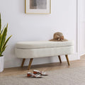 Mid-Century Modern Storage Ottoman Bench, Cream Boucle Upholstery, Oval Shape, Wood Legs, Bedroom Entryway