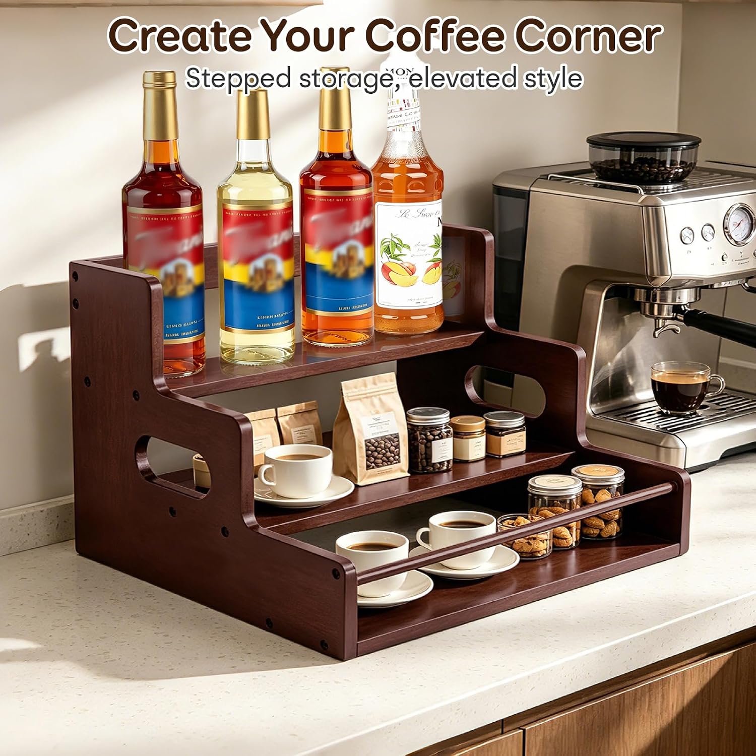 Liquor Bottle Display Shelf, 3 Step Countertop Liquor Wine Rack | Coffee Syrup Rack Organizer with handles, Bar Shelf Stand, Whiskey Spirits Wine Holder for Liquor Cabinet, mini bar, Home bar