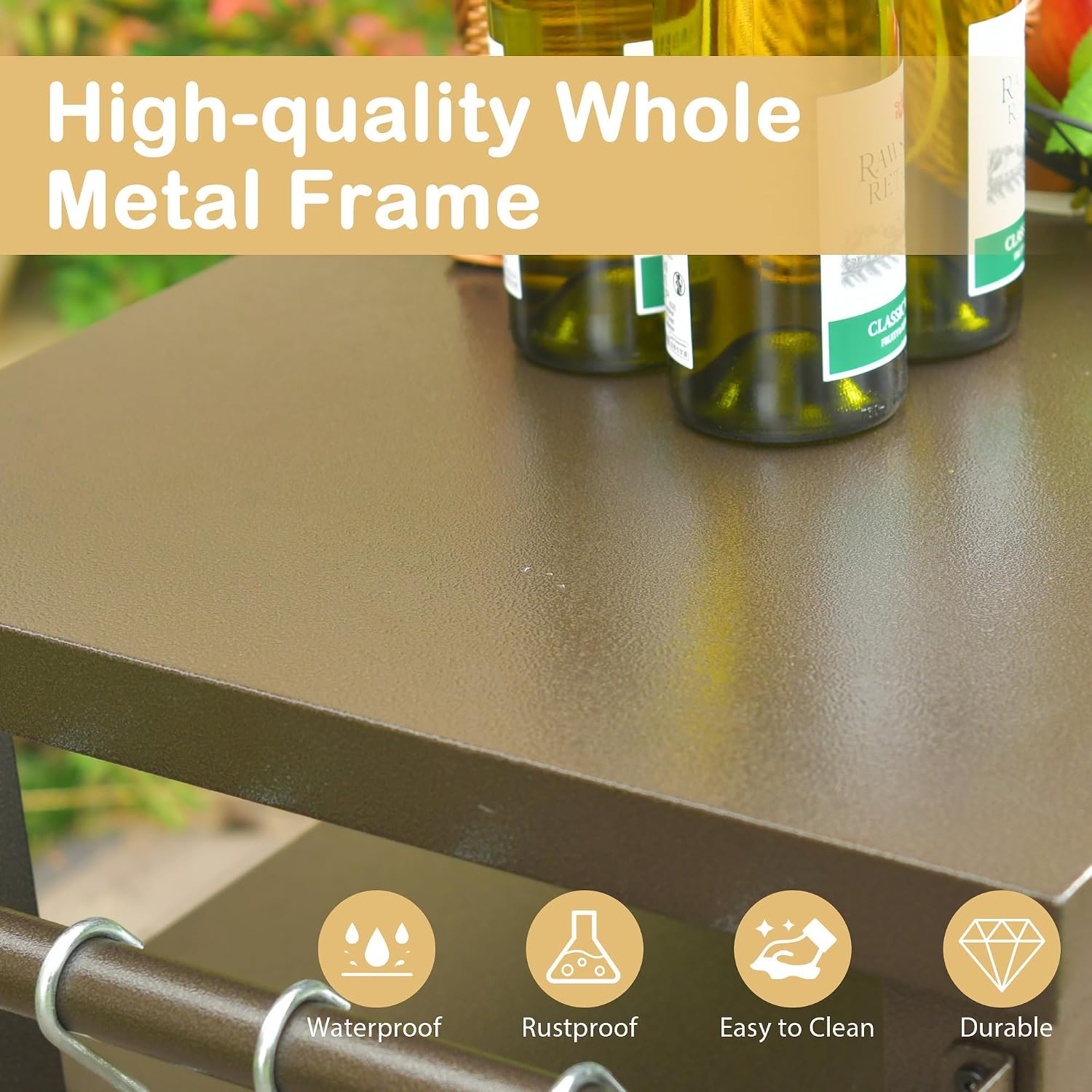 52" Anti-Rust Metal Garden Table for Planting, Planter Bench with Layered Shelves, Outdoor Storage Cabinets with Flexible Wheels for Patio Cooking and Gardening, Brown