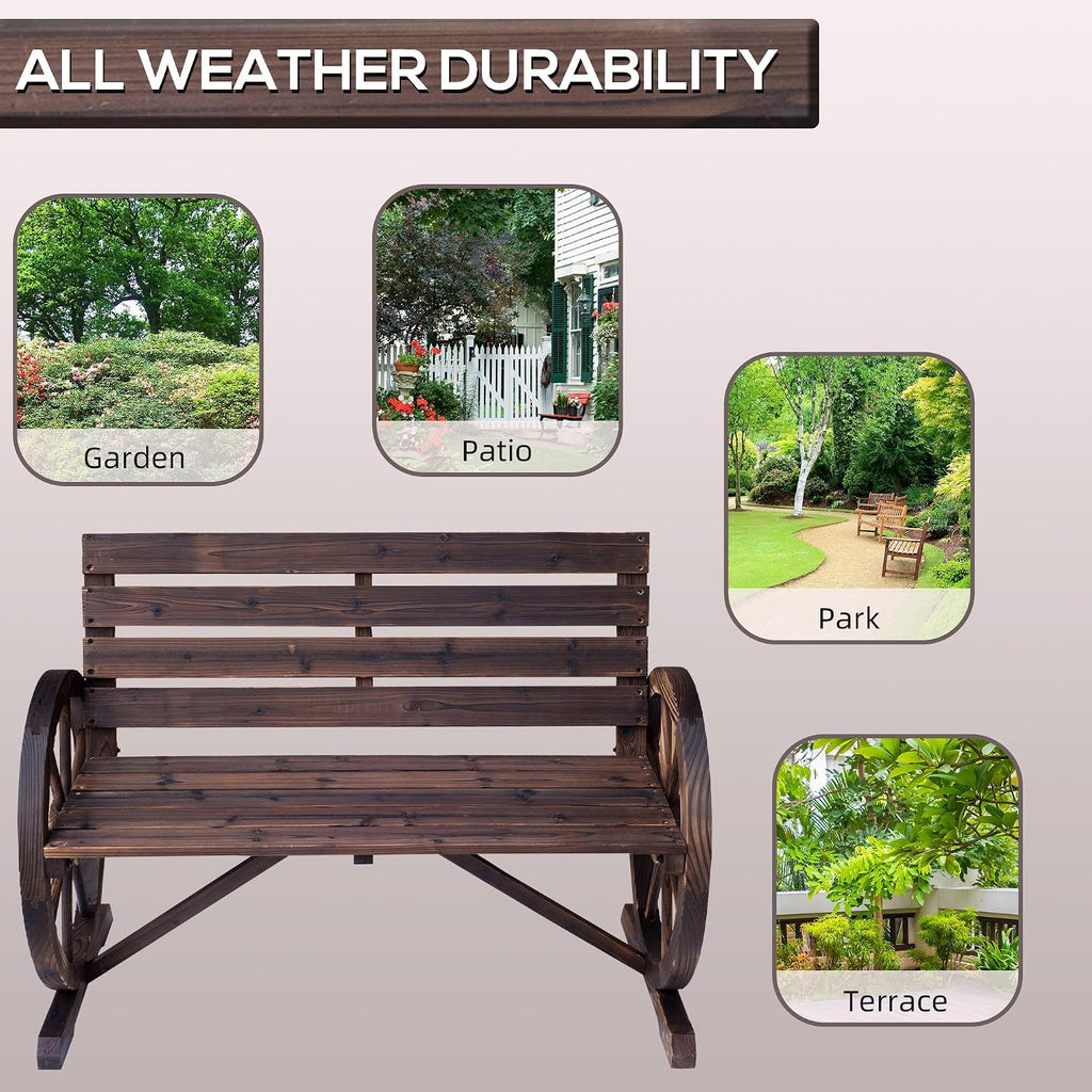 Rustic Wagon Wheel Bench for Outdoor Patio, Carbonized Solid Fir Wood with Backrest, 550 lb Capacity
