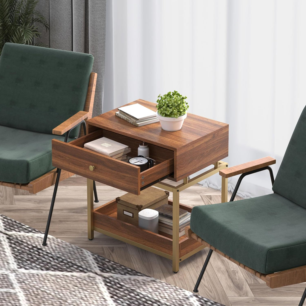 Modern End Table with Drawer and Open Shelf, 2-Tier Nightstand for Living Room,Bedroom or Small Spaces, Sofa Side Table with Metal Frame, Walnut