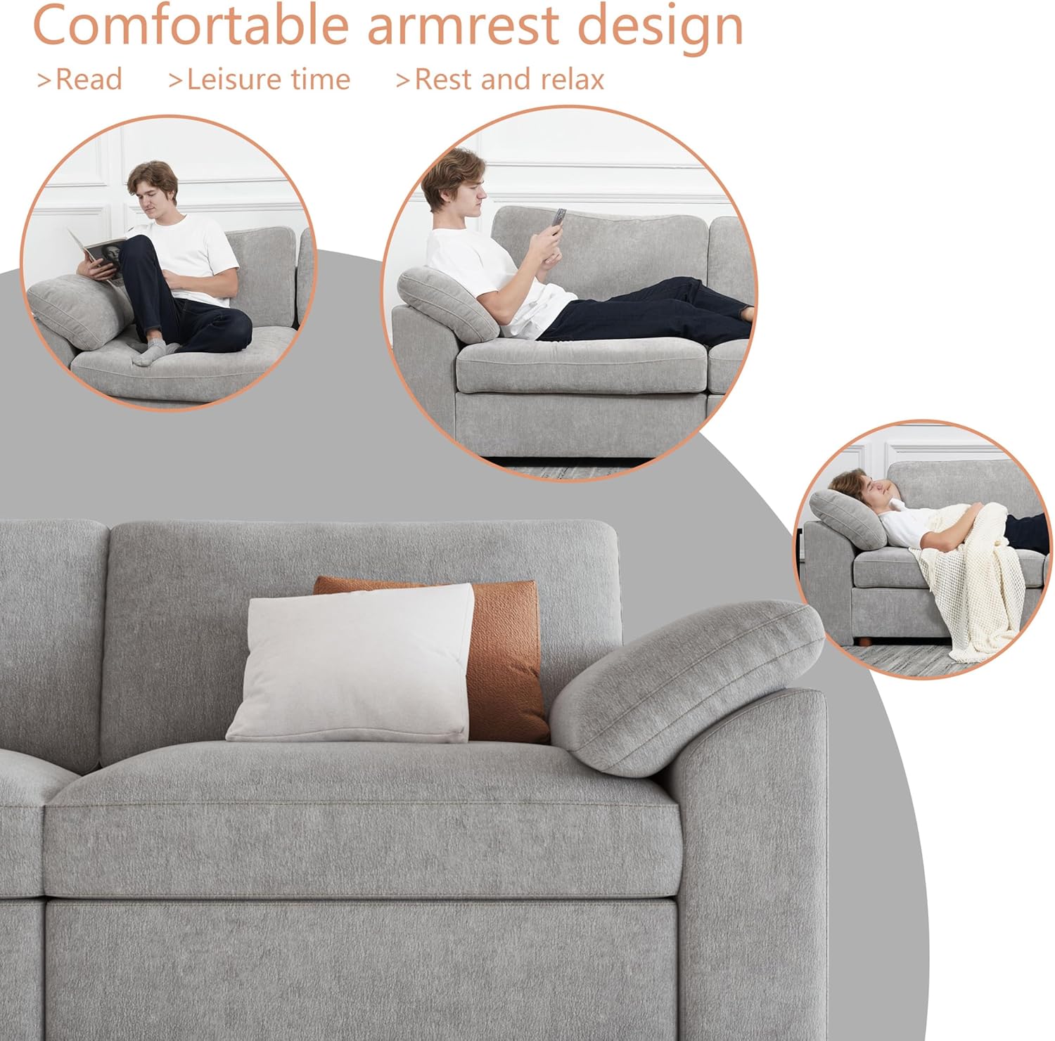 EASE MOOSE Oversized L Shape Sectional Modular Sofa,Wide Deep seat Sectional Sofa,FSC Certified Comfortable Chenille Grey Cloud Modular Sofa