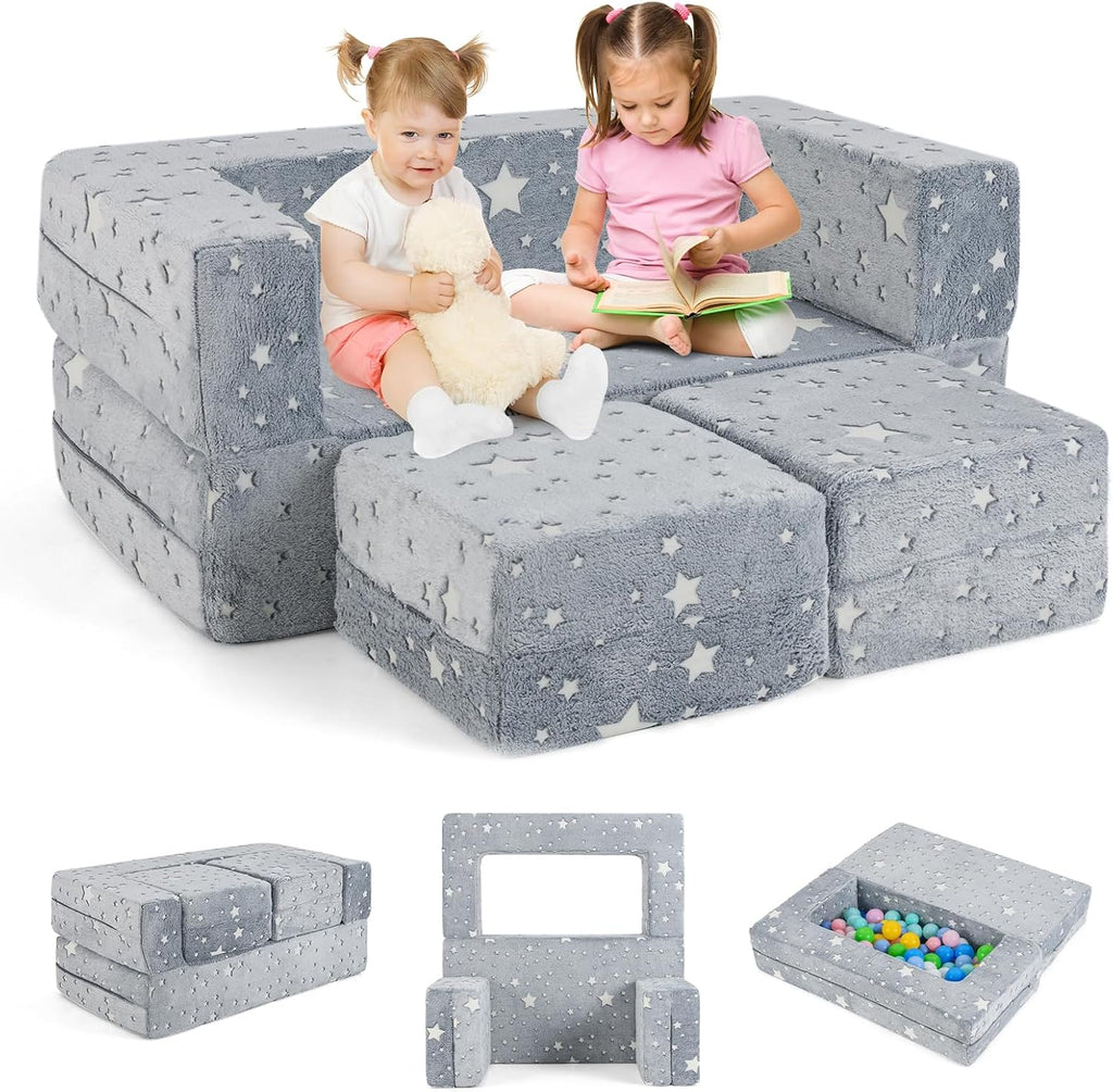 Costzon Modular Kids Play Couch Set, Glow in the Dark 2 Seat Toddler Chair, Fold Out Children Sofa Couch, Bedroom Playroom Furniture for Toddlers, Convertible Foam and Floor Cushion for Boys Girls