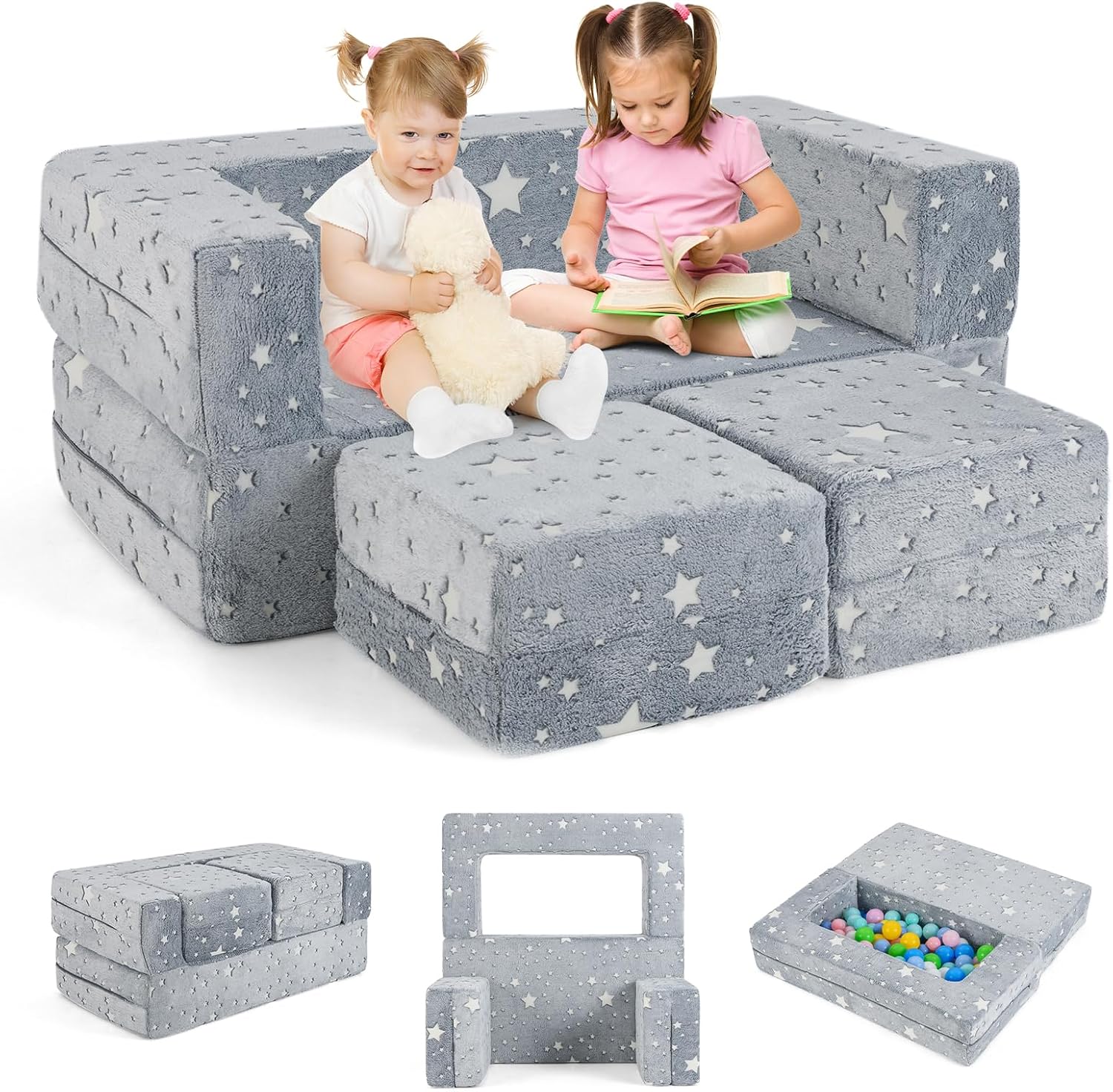 Costzon Modular Kids Play Couch Set, Glow in the Dark 2 Seat Toddler Chair, Fold Out Children Sofa Couch, Bedroom Playroom Furniture for Toddlers, Convertible Foam and Floor Cushion for Boys Girls