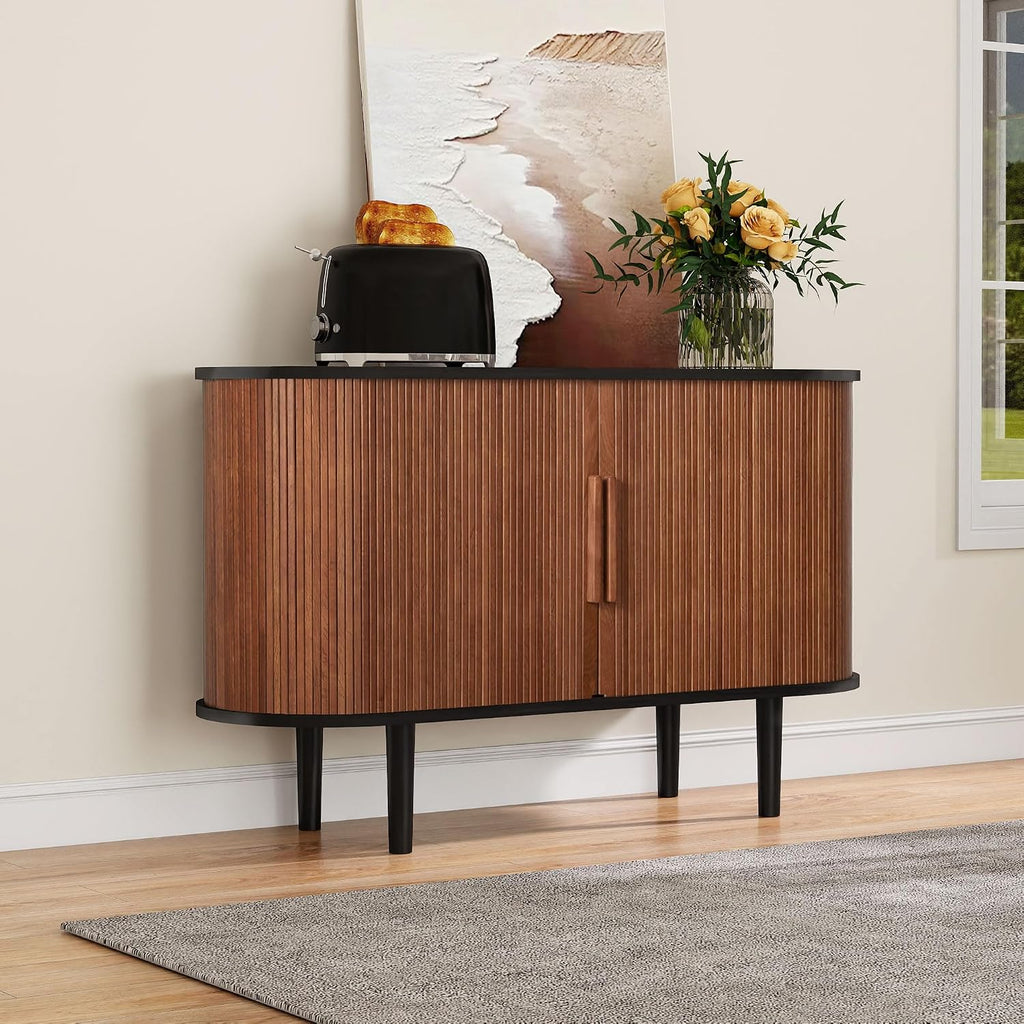 47" Modern Buffet Cabinet with Charging Station, Mid-Century Fluted Sideboard Table, Rounded Console with Storage & USB/Type-C Ports for Dining Room Kitchen Coffee Bar, Walnut