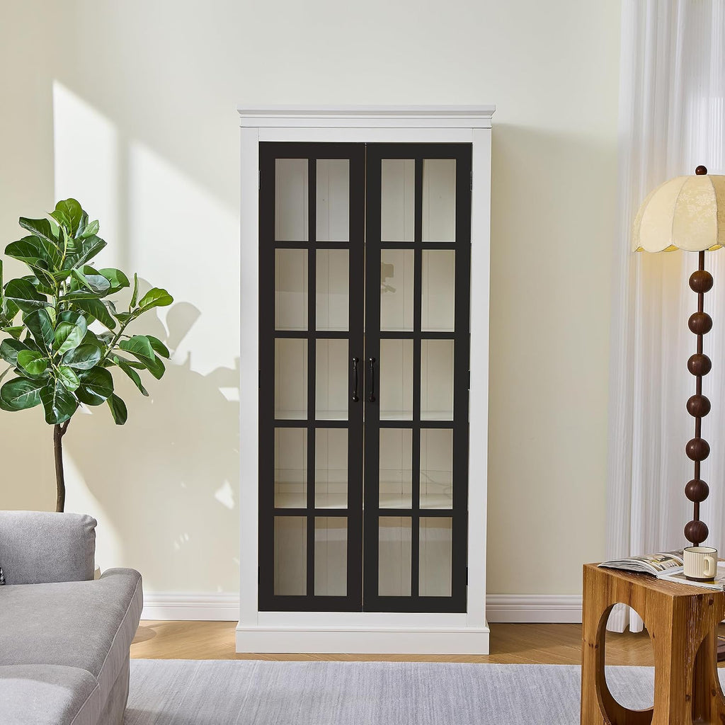 roomfitters 71.2'' Pantry Cabinet with Glass Door, Farmhouse Display Cabinet with Storage for Kitchen and Hallways, Black & Cream White