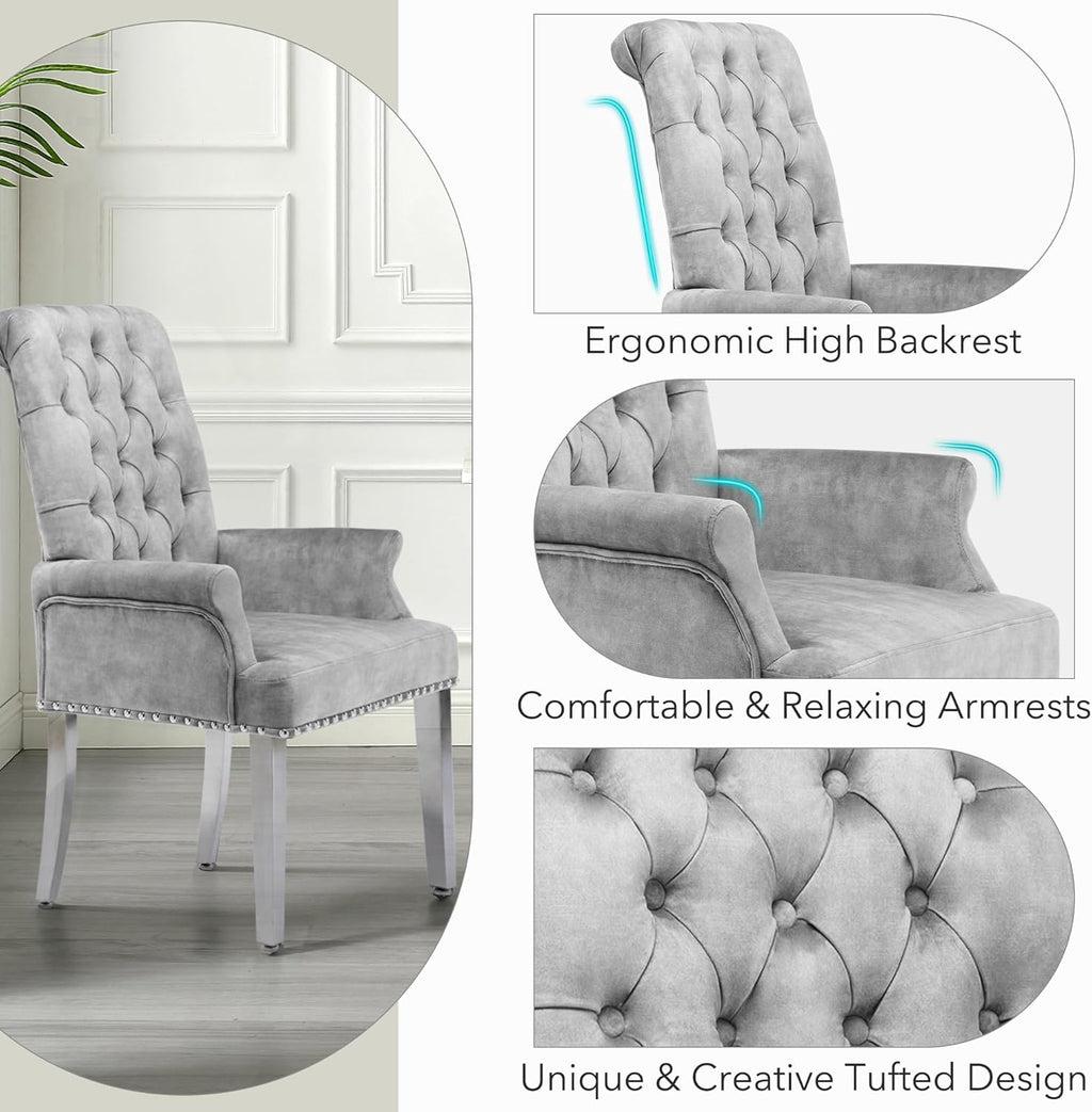 LOULENS Luxurious Velvet Dining Chairs, Modern Upholstered Dining Chair with Arms, Tufted High Back Dining Room Chairs with Stainless Steel Leg for Kitchen & Dining Room, Grey