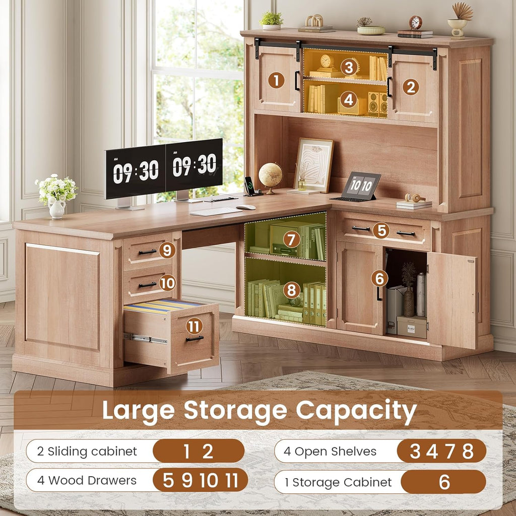 SEDETA 67" Farmhouse Desk with Hutch, L Shaped Office Desk with 4 Drawers & Storage Cabinet, Executive Corner Computer Desk with Sliding Doors, File Drawer & Power Outlet for Home Office, Oak