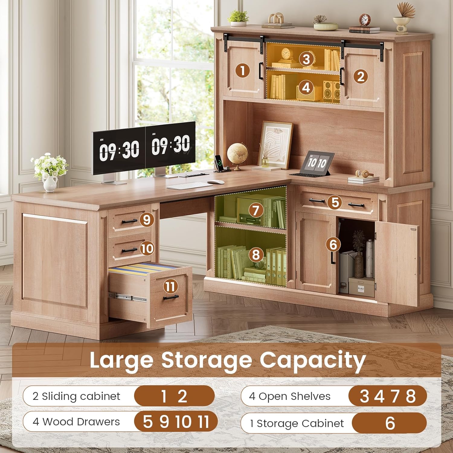 SEDETA 67" Farmhouse Desk with Hutch, L Shaped Office Desk with 4 Drawers & Storage Cabinet, Executive Corner Computer Desk with Sliding Doors, File Drawer & Power Outlet for Home Office, Oak