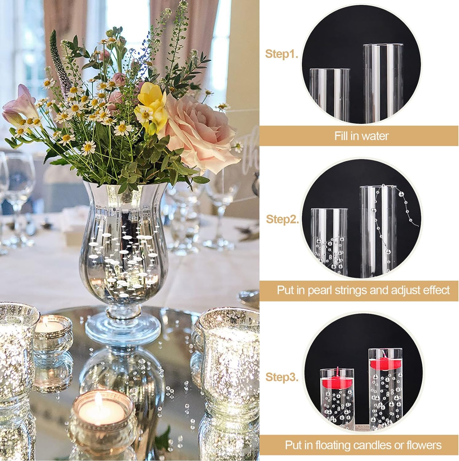 White Vase Filler for Floating Candles, 94ft Cuttable Faux Pearl Beads Strings Filler Cylinder Vases Centerpiece Table Decorations for Floating Effects, Wedding, Dining, Party, Celebration