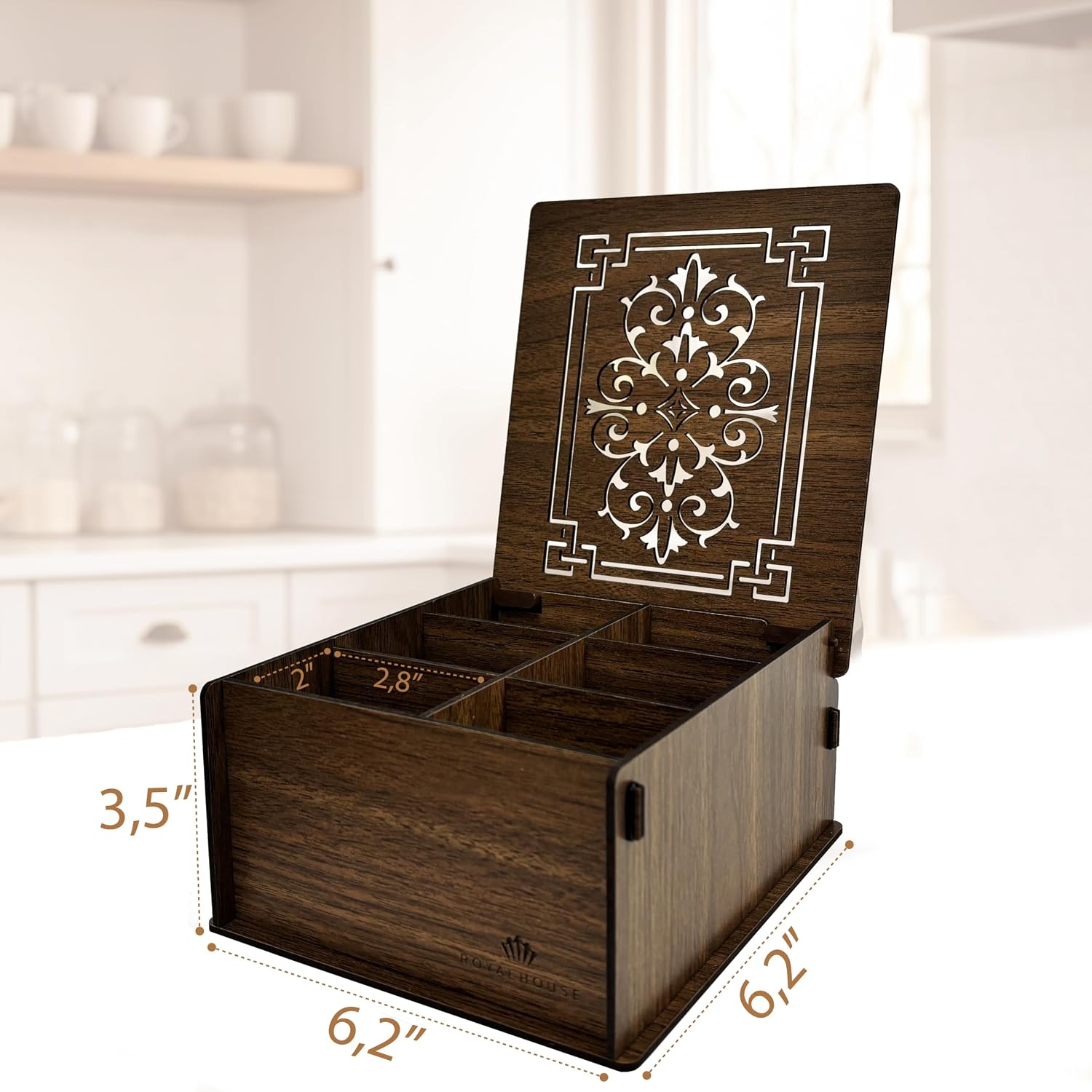RoyalHouse Premium Wood Tea Storage Box Organizer, Tea Bag Holder Containers (Brown), Eco-Friendly Multi-Functional Decorative Box, 6 Compartments For Assorted Variety Of Small Items