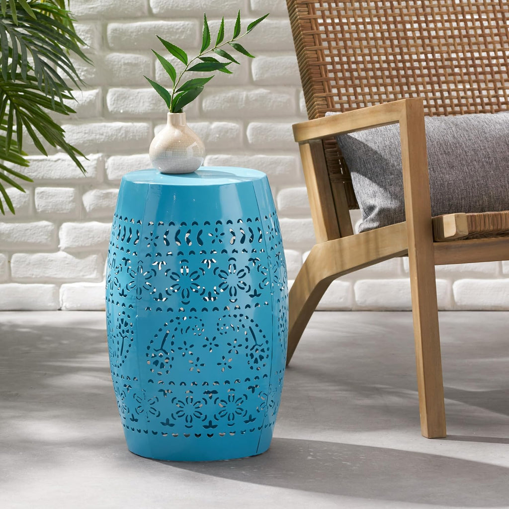12.25" Side Table, Lace Cut Metal End Table for Outdoor & Indoor Use, Barrel Shape Accent Table for Garden, Patio, Living Room, Backyard Decor,No Assembly Needed,Blue