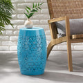 12.25" Side Table, Lace Cut Metal End Table for Outdoor & Indoor Use, Barrel Shape Accent Table for Garden, Patio, Living Room, Backyard Decor,No Assembly Needed,Blue