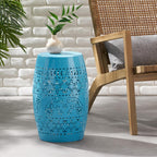 12.25" Side Table, Lace Cut Metal End Table for Outdoor & Indoor Use, Barrel Shape Accent Table for Garden, Patio, Living Room, Backyard Decor,No Assembly Needed,Blue