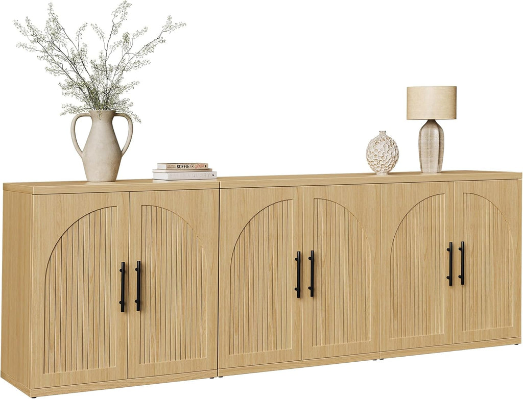 MapleGrace 63" Fluted Buffet Cabinet with Storage, Modern Symmetrical Arched Sideboard Credenza with Adjustable Shelf, Elegant Wood Console Table for Dining Room, Kitchen, Living Room(Oak)